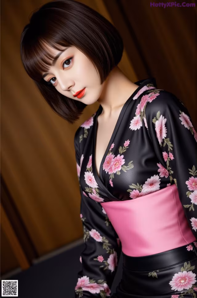 A woman in a black and pink kimono posing for a picture.
