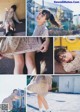 A collage of photos of a young girl in a dress.