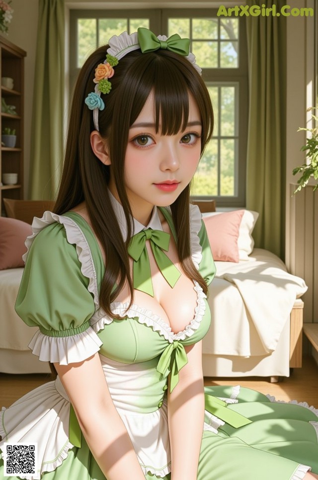 A woman in a green and white dress sitting on a bed.