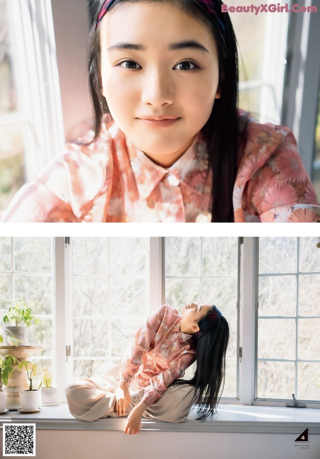 A woman sitting on a window sill in front of a window.